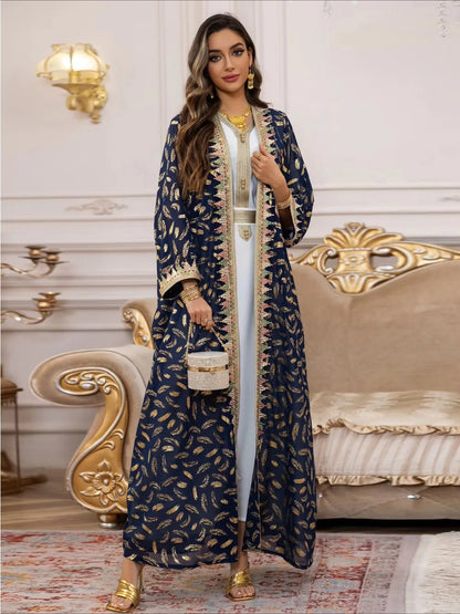Muslim Abaya 3 Piece Set Women Party Dresses Cardigan Robe Sashes Suit Bronzing Jalabiya Ramadan Morocco Dubai Kaftan Vestidos.