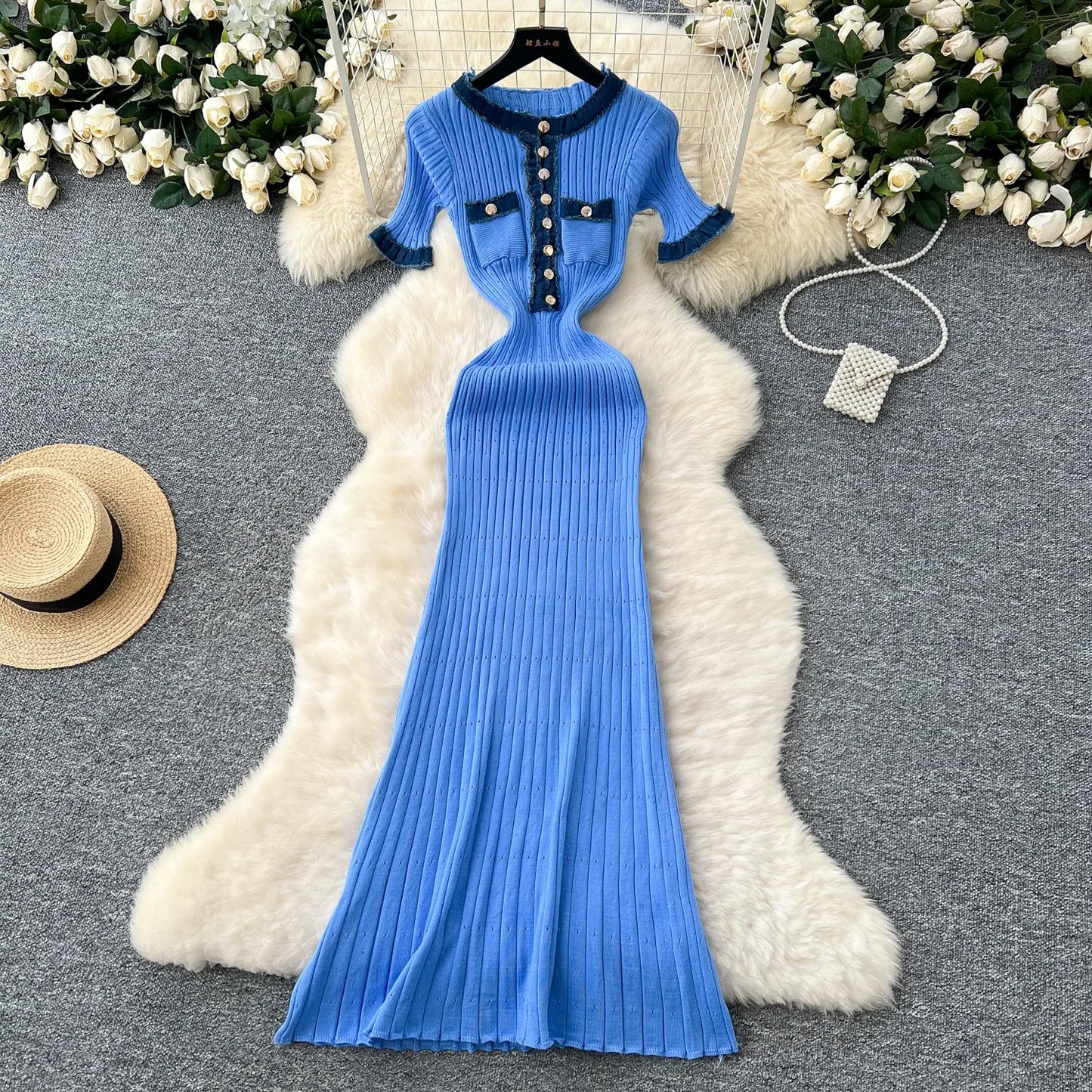 YuooMuoo Chic Mode Sexy Pakete Gestrickte Maxi Kleid Frühling Sommer Vintage Denim Patchwork Lange Pullover Kleid Dame Vestidos
