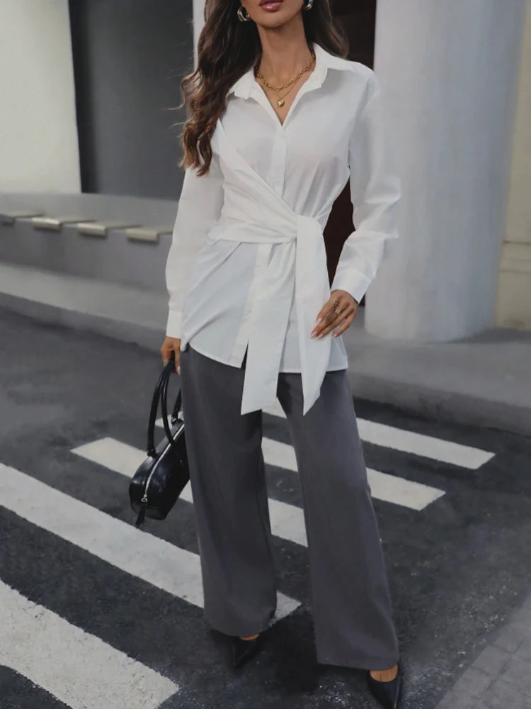 Women's Classic Collar Button-Up Long Sleeve Shirt with Waist-Cinching Belt Elegant Retro Style Adjustable Fit.