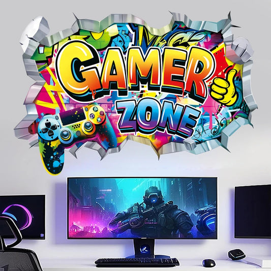 Larger Game Poster 3D Wall Hole Art Cool Gamer Zone Gamepad Vinyl Mural Stickers Home Decoration for Kids Bedroom Gaming Rooms.