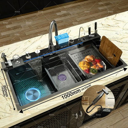 Wasserfall-Edelstahl-Küchenspüle, multifunktionale Digitalanzeige, Wasserhahn, Waschbecken und Gemüsebecken, großer Einzelschlitz