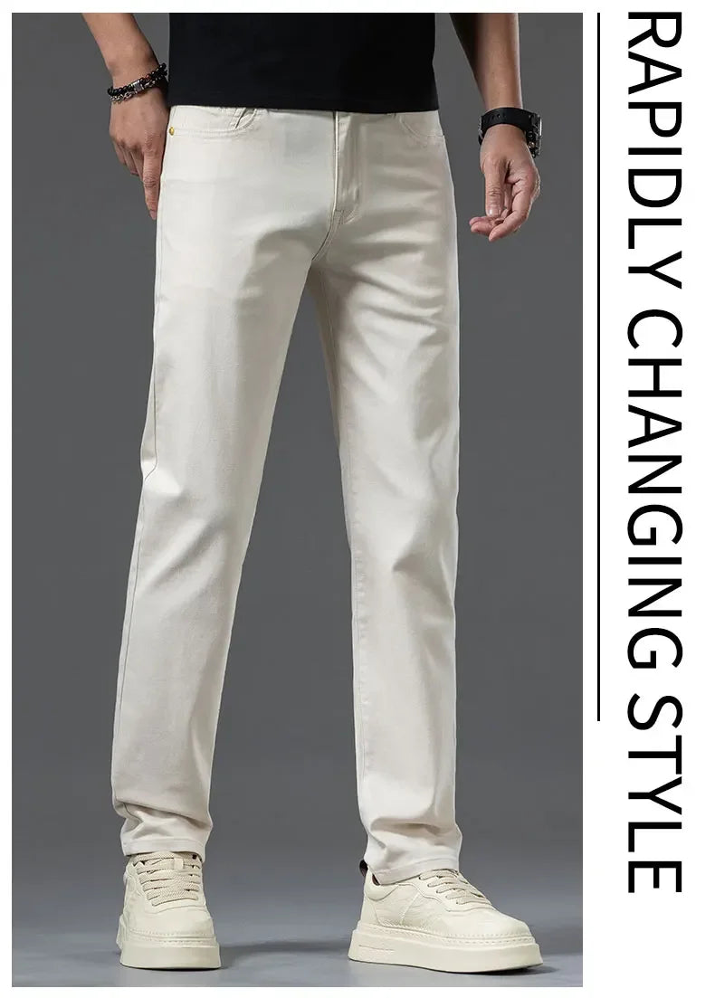 2024 New Summer Thin Men's Straight Denim Cotton Stretch Creamy-white Jeans Classic Business Pants Fashion Trousers Male Brand.