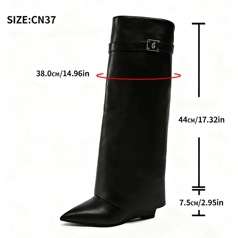 Black Pu Leather Knee High Boots Women Sexy Pointed Toe Straight Leg Boots Woman Punk Style Wedge High Heels Long Botas Mujer.