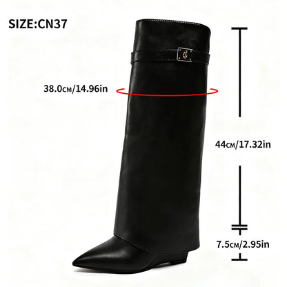 Black Pu Leather Knee High Boots Women Sexy Pointed Toe Straight Leg Boots Woman Punk Style Wedge High Heels Long Botas Mujer.