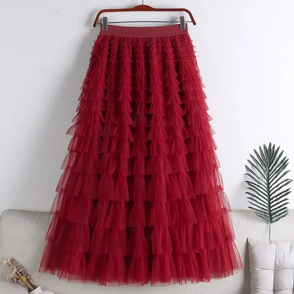 Chamliforve Women Tulle Mesh Skirt Elegant Elastic Waist Fairy Long A-line Tutu Skirt for Spring Summer Long Cake Skirt