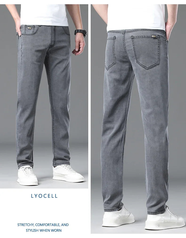 Summer Lyocell Ultra-thin Jeans Men Straight Stretch Breathable Denim Pants Fashion Business Casual Male Trousers Black Gray.