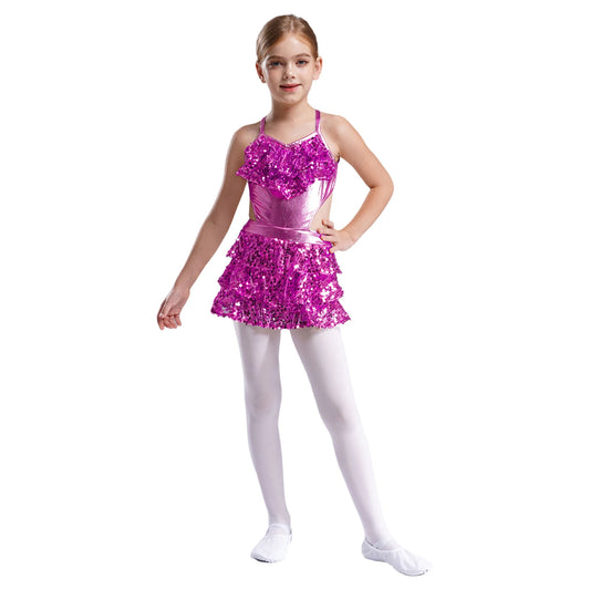 Kinder Mädchen Pailletten Jazz Ballett Tanzkleid Ärmellos Ausschnitt Tiered Rüschen Trikot Salsa Samba Rumba Skating Performance Kostüm.