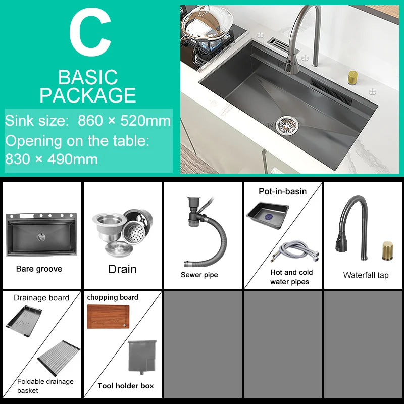 Stainless Steel Kitchen Sink Waterfall Outlet Faucet Multifunctional Large Single Slot Convenient Dishwashing and Vegetable Sink