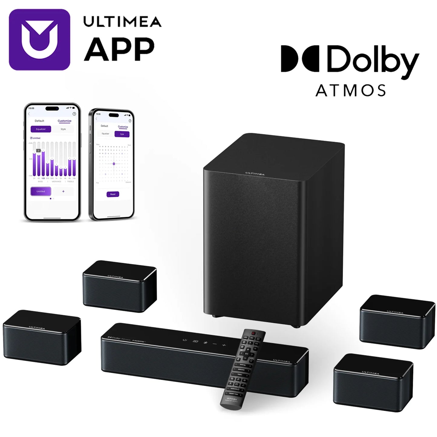ULTIMEA 7.1Ch Soundbar with Dolby Atmos, APP Control, Surround Sound System for TV, 4 Wired Surround Speakers, Sound Bar for TV.