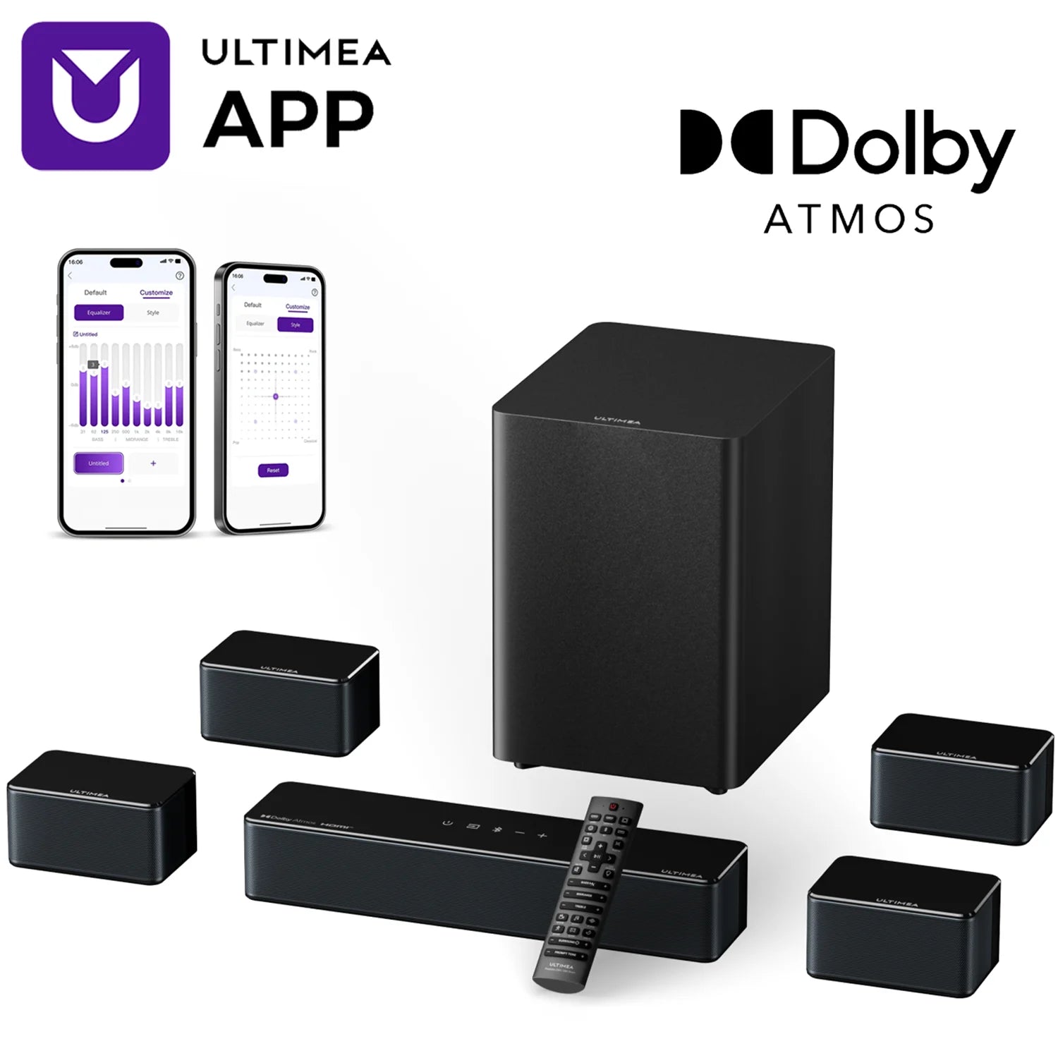 ULTIMEA 7.1Ch Soundbar with Dolby Atmos, APP Control, Surround Sound System for TV, 4 Wired Surround Speakers, Sound Bar for TV.