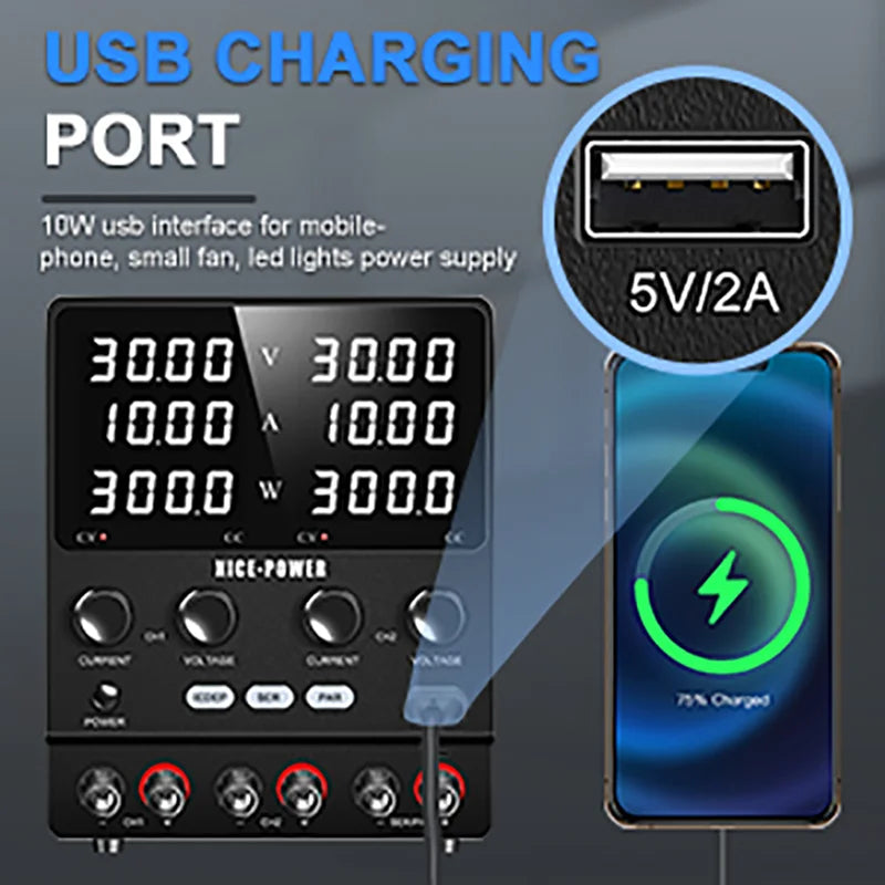 4 in 1 Lab Dual Power Supply 3 Model PAR/SER/INDEP Adjustable Power Source 30V 10A 60V 5A Voltage Stabilizer Switching USB 5V 2A.