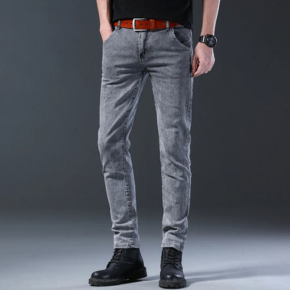 New style jeans, men's slim fit, Korean style comfortable straight leg elastic gray mid waist pants, men's casual denim pants.