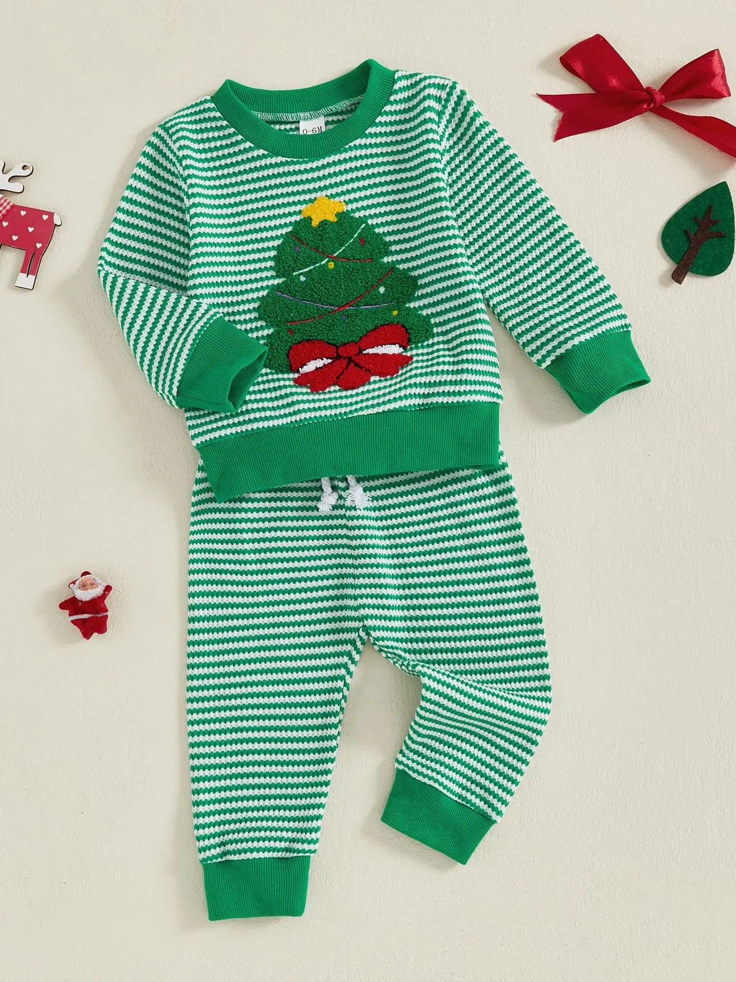 Weihnachts-Baby-Kleidung aus Baumwolle, 2-teiliges Set, 0–3 Jahre, gestreiftes Sweatshirt und Hose für Kleinkinder mit besticktem Weihnachtsbaum-Outfit.
