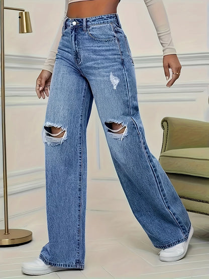 Women's High-Waisted Straight Leg Denim Jeans with Ripped Details, Casual and Fashionable Pants.