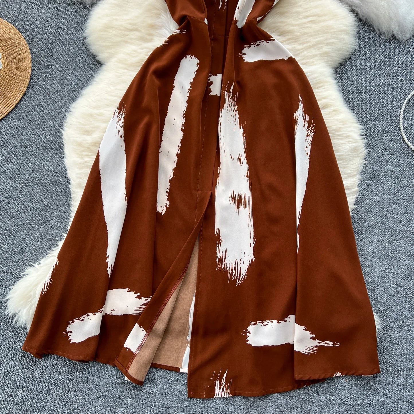 Neue Sommer Druck Süße Kleid Träger O Neck Backless Split Elegante Damen Urlaub Strand Party Midi Sommerkleid.