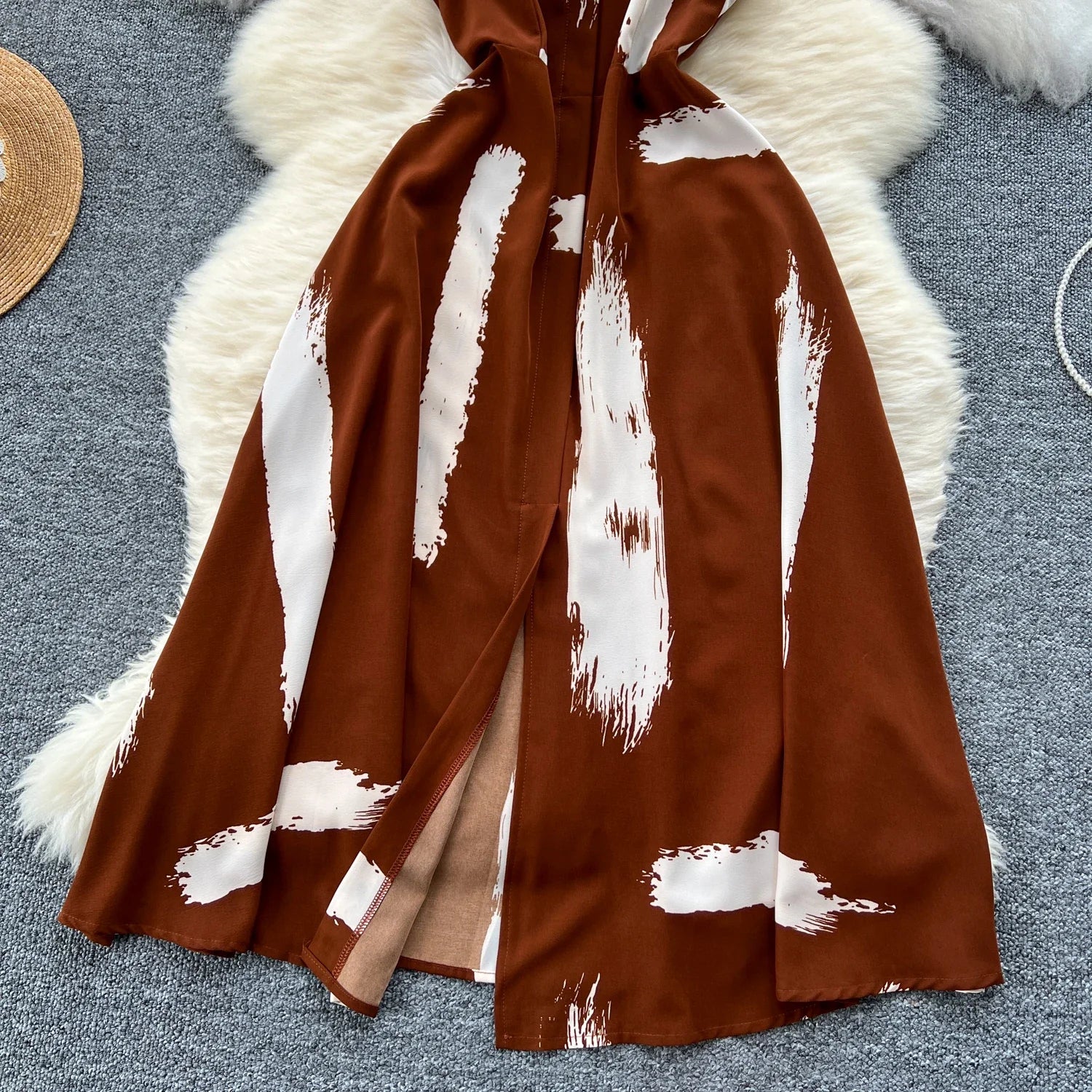 Neue Sommer Druck Süße Kleid Träger O Neck Backless Split Elegante Damen Urlaub Strand Party Midi Sommerkleid.