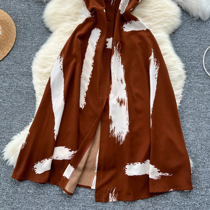 Neue Sommer Druck Süße Kleid Träger O Neck Backless Split Elegante Damen Urlaub Strand Party Midi Sommerkleid.