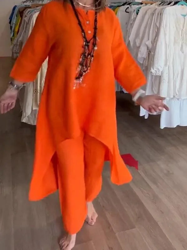 Spring Autumn Solid Color O Neck Seven-point Sleeve Long Women Suit Retro Casual Loose Seven-point Pants Cotton Linen 2piece Set.