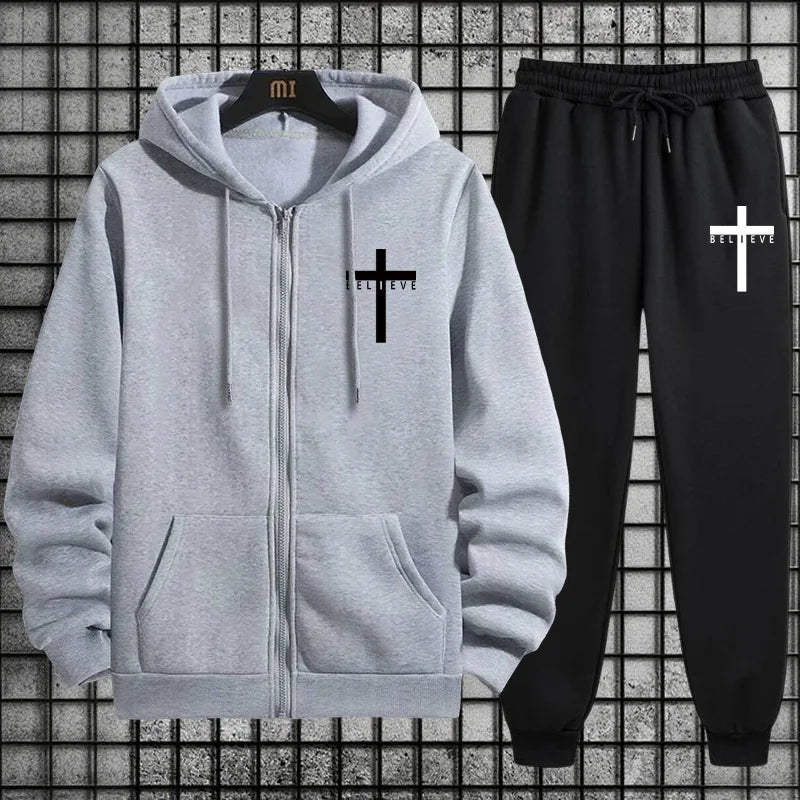 Cross of Christ Mens Hip Hop Tracksuit Set 2025 New 2 Piece Outfit Zipper Hoodie Joggers Urban Streetwear Autumn Winter Fashion.