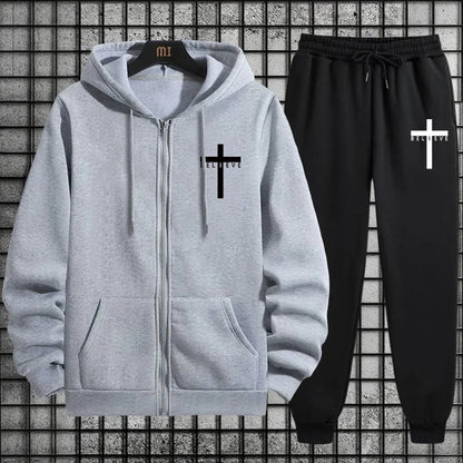 Cross of Christ Mens Hip Hop Tracksuit Set 2025 New 2 Piece Outfit Zipper Hoodie Joggers Urban Streetwear Autumn Winter Fashion.