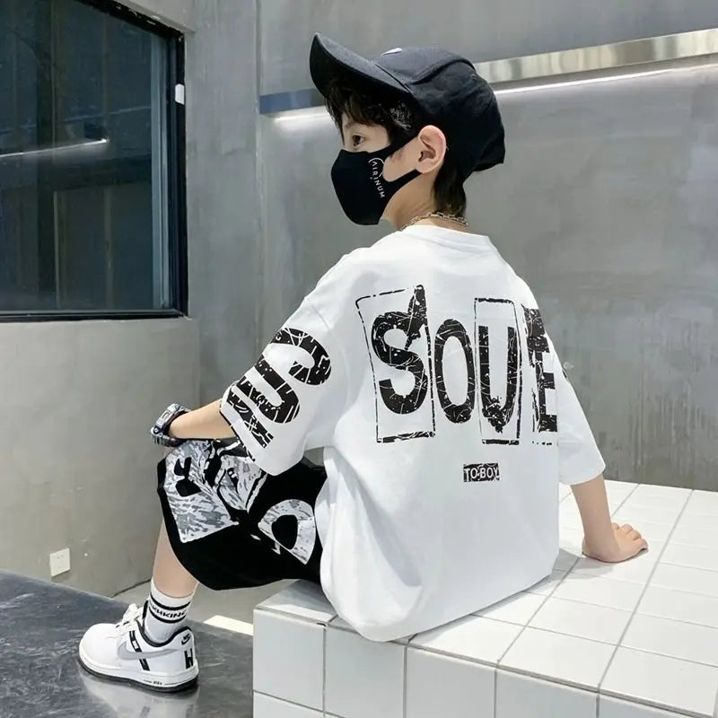 Boys Summer Trendy Casual Sports 2pcs T-shirts+Pants Suits 3-14 Years Teenage Boys Hip Hop Style Fashion Outfits Clothes Sets.
