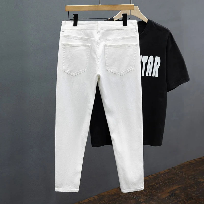 White Jeans Men's Slim Straight Ankle-length Soft Comfort Elastic Denim Trousers Fashion Korean Basic Casual Pencil Pants.