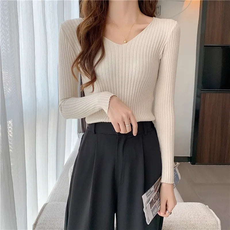 2025 einfarbig Schlank Pullover Koreanische Herbst Winter V-ausschnitt Pullover Mode Lässig Langarm Gestrickte Pullover Frauen Kleidung
