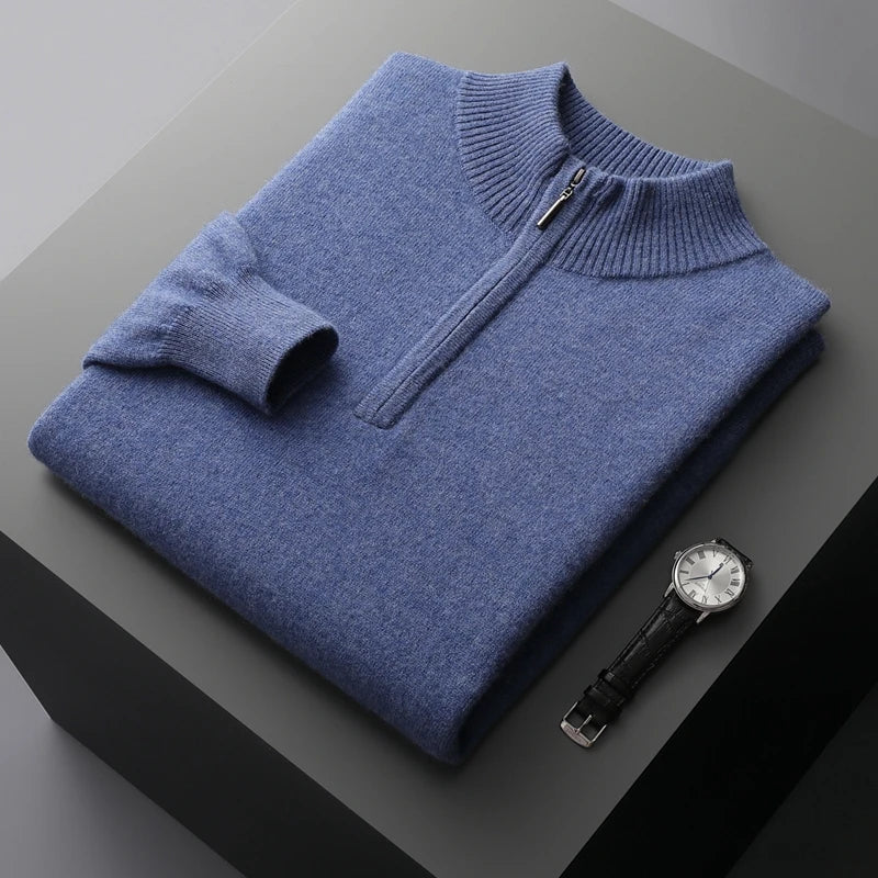 New Half Turtleneck Zipper Men's Pullover 100% Cashmere Sweater Solid Color Casual Versatile Wool Sweater Men's Clothing