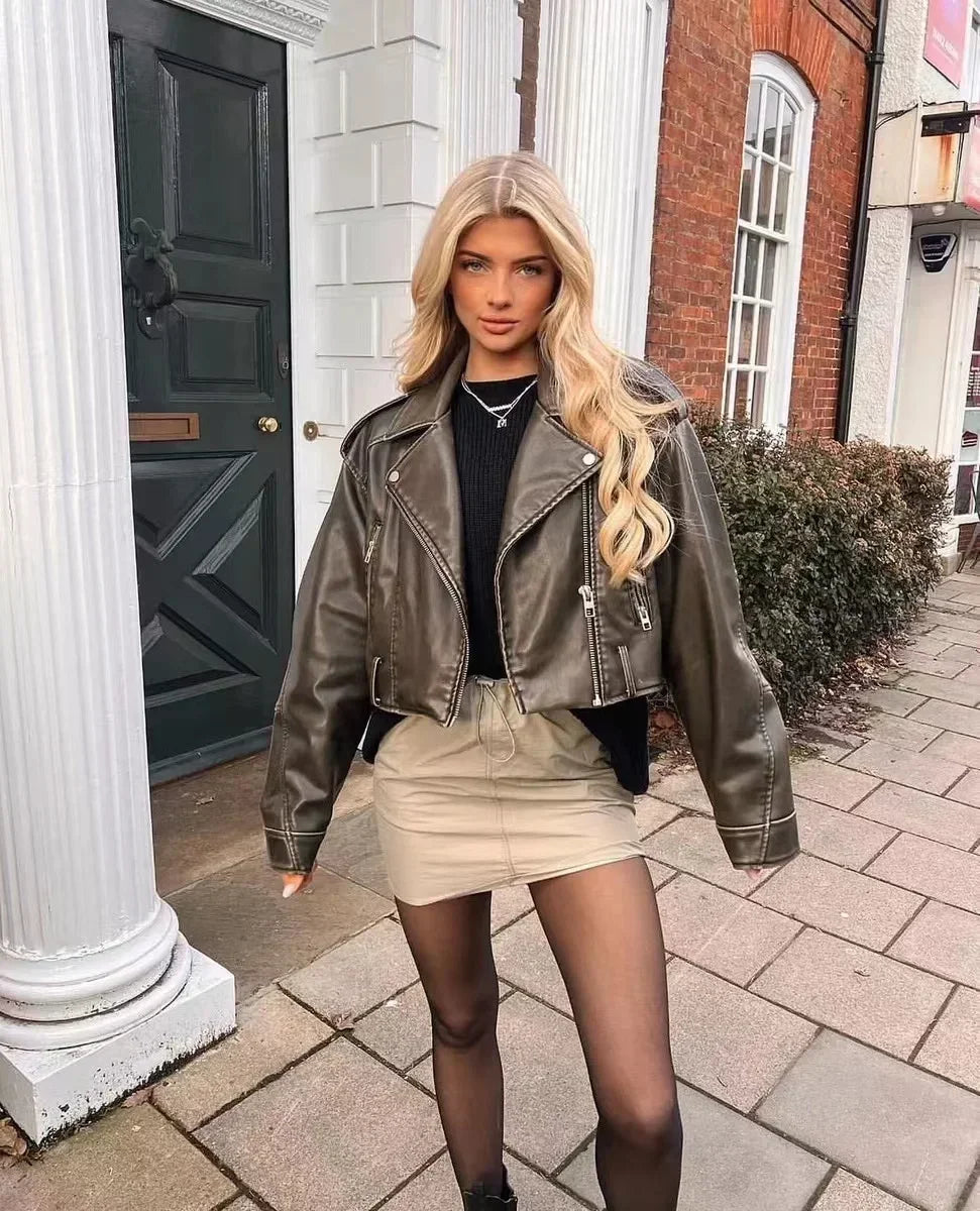 Neue Frühjahr Frau Faux Leder Jacke Chic Vintage Amerikanische straße tragen Kurze Revers Zipper Gürtel Biker Mäntel Mode Streetwear.