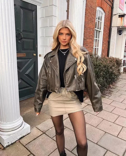 Neue Frühjahr Frau Faux Leder Jacke Chic Vintage Amerikanische straße tragen Kurze Revers Zipper Gürtel Biker Mäntel Mode Streetwear.