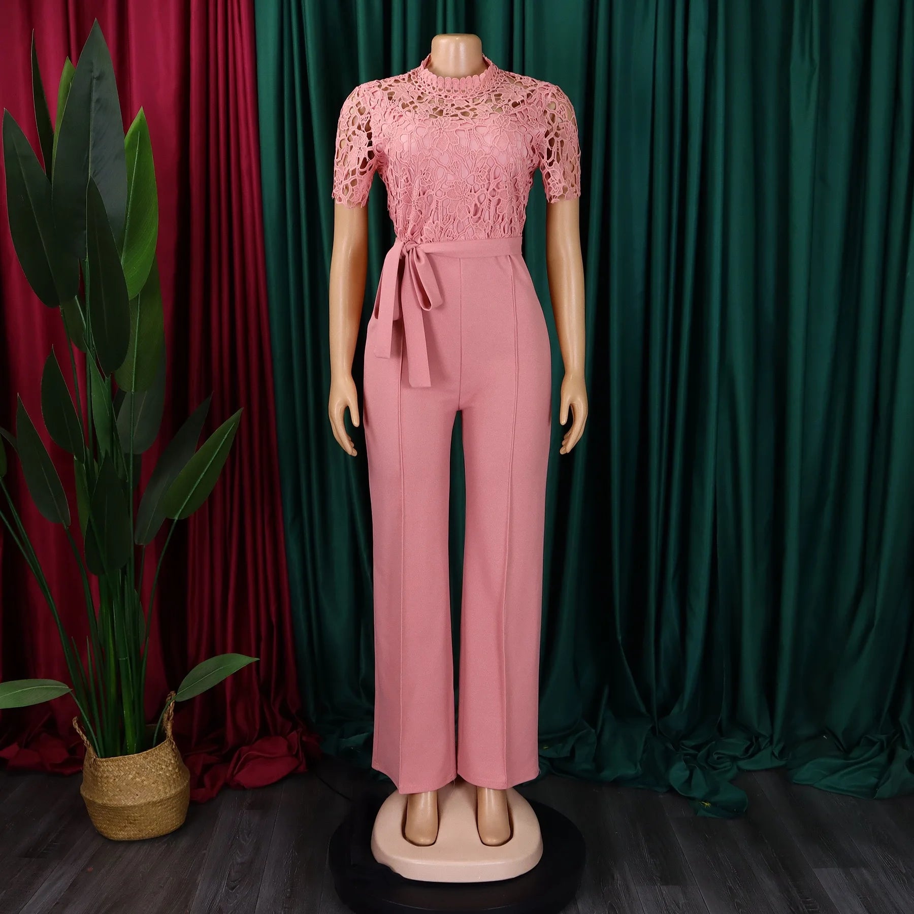 Elegant Jumpsuits & Rompers for Women O Neck Lace Patchwork Short Sleeve Sashes High Waisted Luxury Birthday Party Dinner Outfit.