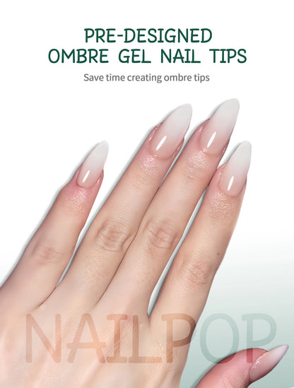 NAILPOP 150Pcs 4 in 1 Ombre Gel Nail Tips White Gradient Soft Gel False Nail Tips Soak Off Fake Nails Extensions DIY 15 Sizes.