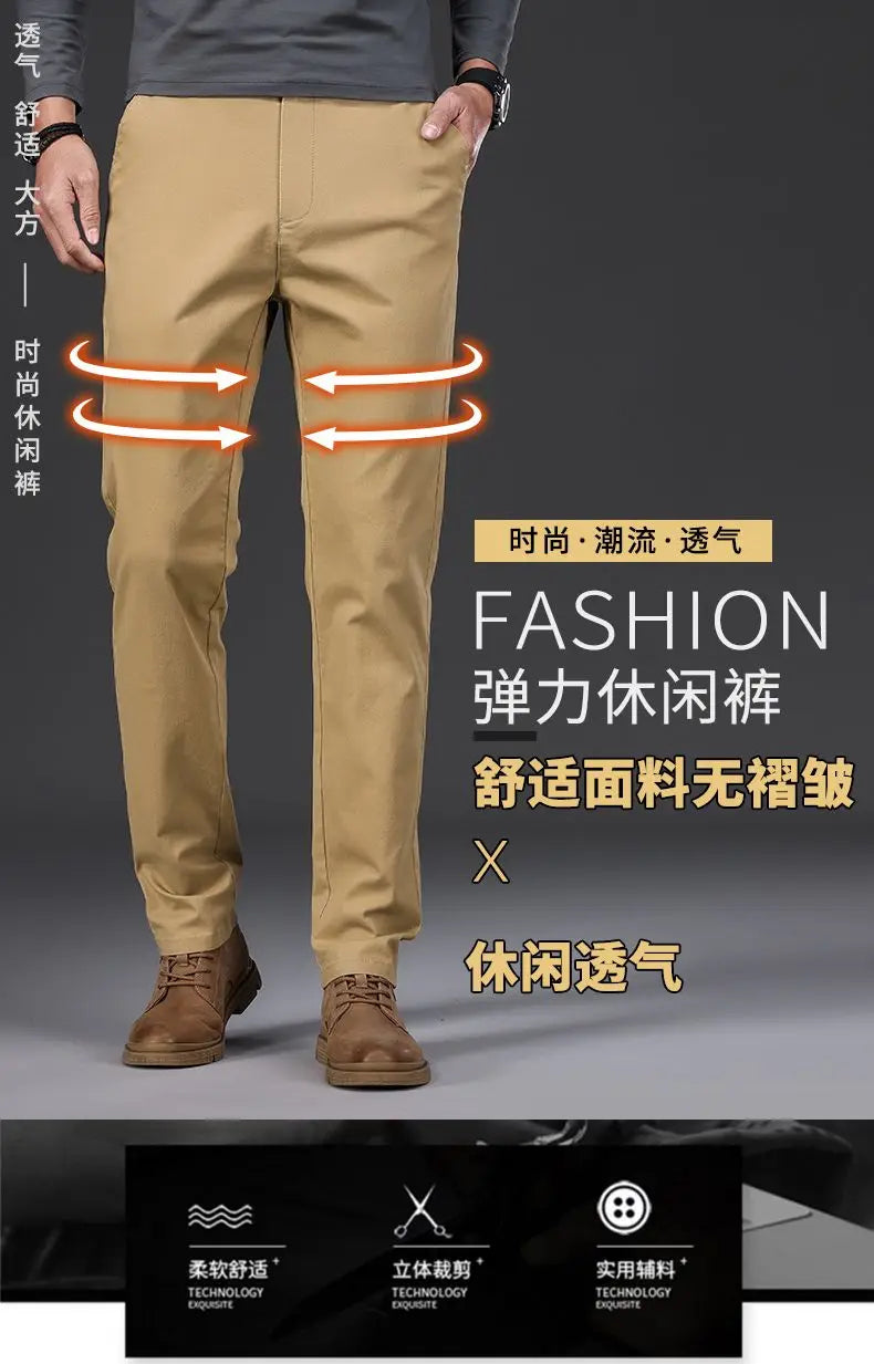 Cotton Men's Casual Pants Straight Stretch Trouser Male Fashion Slim Business Dress Golf Office Spring Autumn Khaki Black Formal.