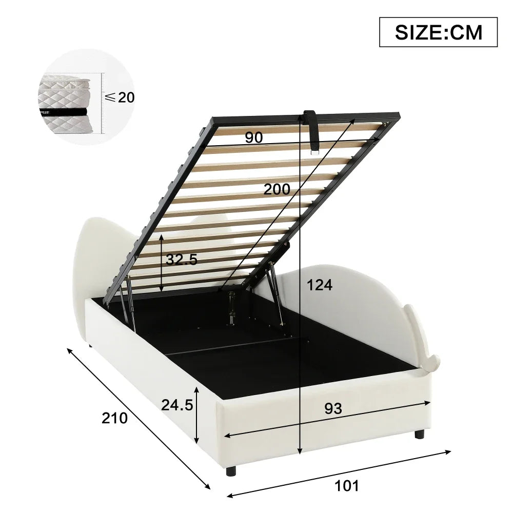 Polsterbett, Einzelbett, süßes Katzendesign, hydraulisches Bett mit Stauraum und Gürtelgriffen, stabiler Gitterrost, 90 x 200 cm