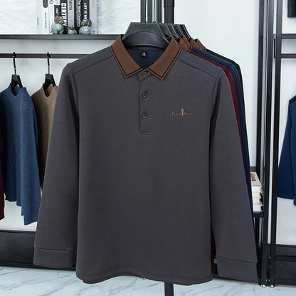 Men's Polo Shirt Long Sleeve Luxury Brand Autumn Winter Lapel Collar Button Business Casual Classic Office Warm T-shirt Menswear.
