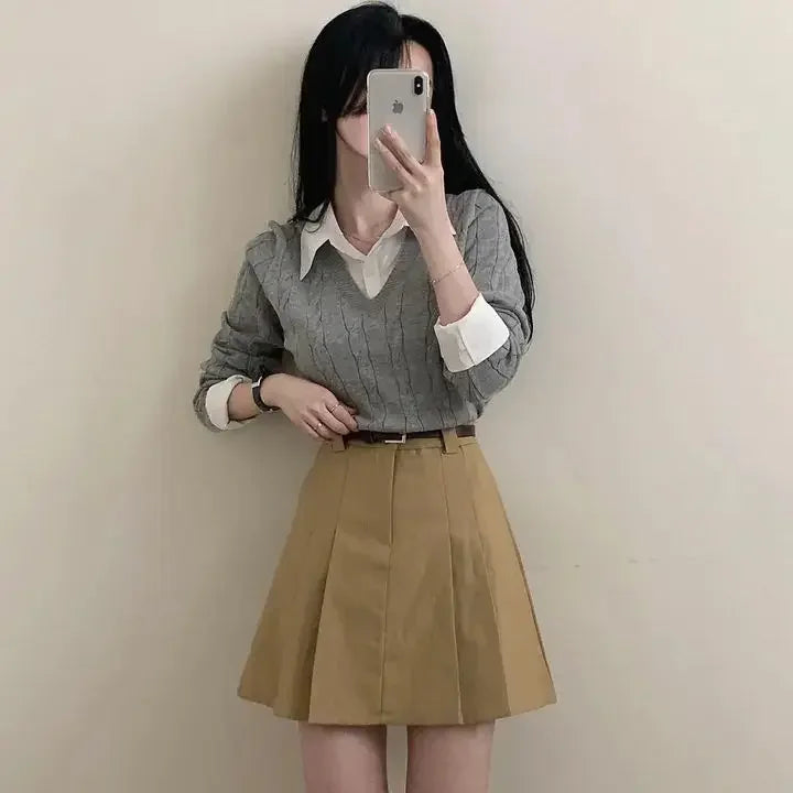 Mode Winter Gestrickte Pullover Frauen Casual V-ausschnitt Pullover Alle-spiel Weibliche Kleidung Lose Gefälschte Zwei Artikel Kurze Tops Jumper.