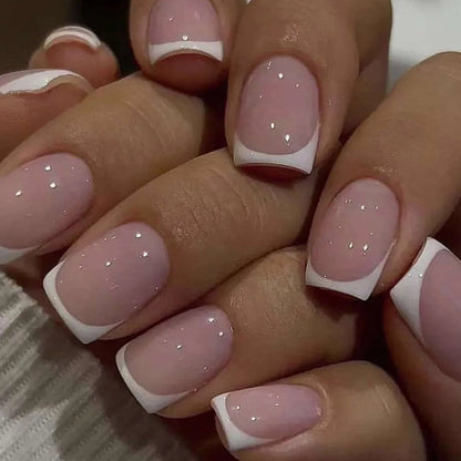 ARTAUG 24PCS Short Press On Nails Square Pink Fingertip White French Trim Press On Nails Full Cover Fake Nails Set Nail