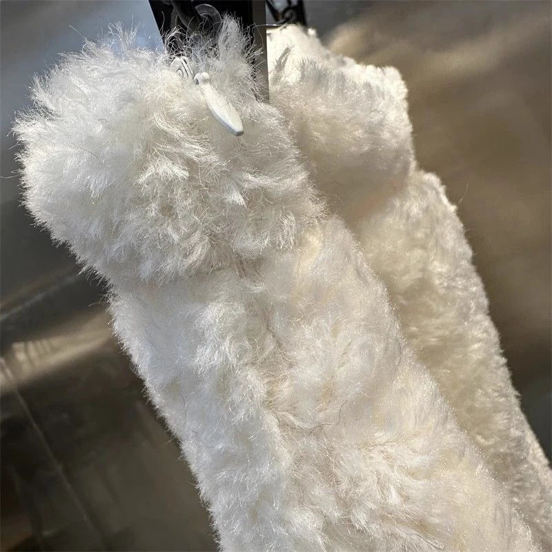 Chic Sweet Mini Skirt Women Winter Lace Patchwork High Waist A Line Plush Skirts Female Fashion Casual Preppy All Match Skirt.