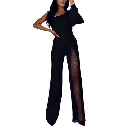 2025 Sping Summer Women's Jumpsuit Casual Comfortable Fashion Sexy Slanted Mesh Slightly Tilted Neck Office Jumpsuits.