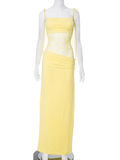 Elegante Spitzen-Maxikleider für Frauen 2022, sexy Spaghettiträger, Patchwork, Feiertage, Partykleid, Sommer, rückenfrei, langes Kleid