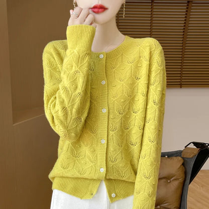 2024 Autumn And Winter New Round Neck Hollowed Out 100 Wool Knitted Cardigan Women's Versatile Coat Loose Casual Sweater DMR281