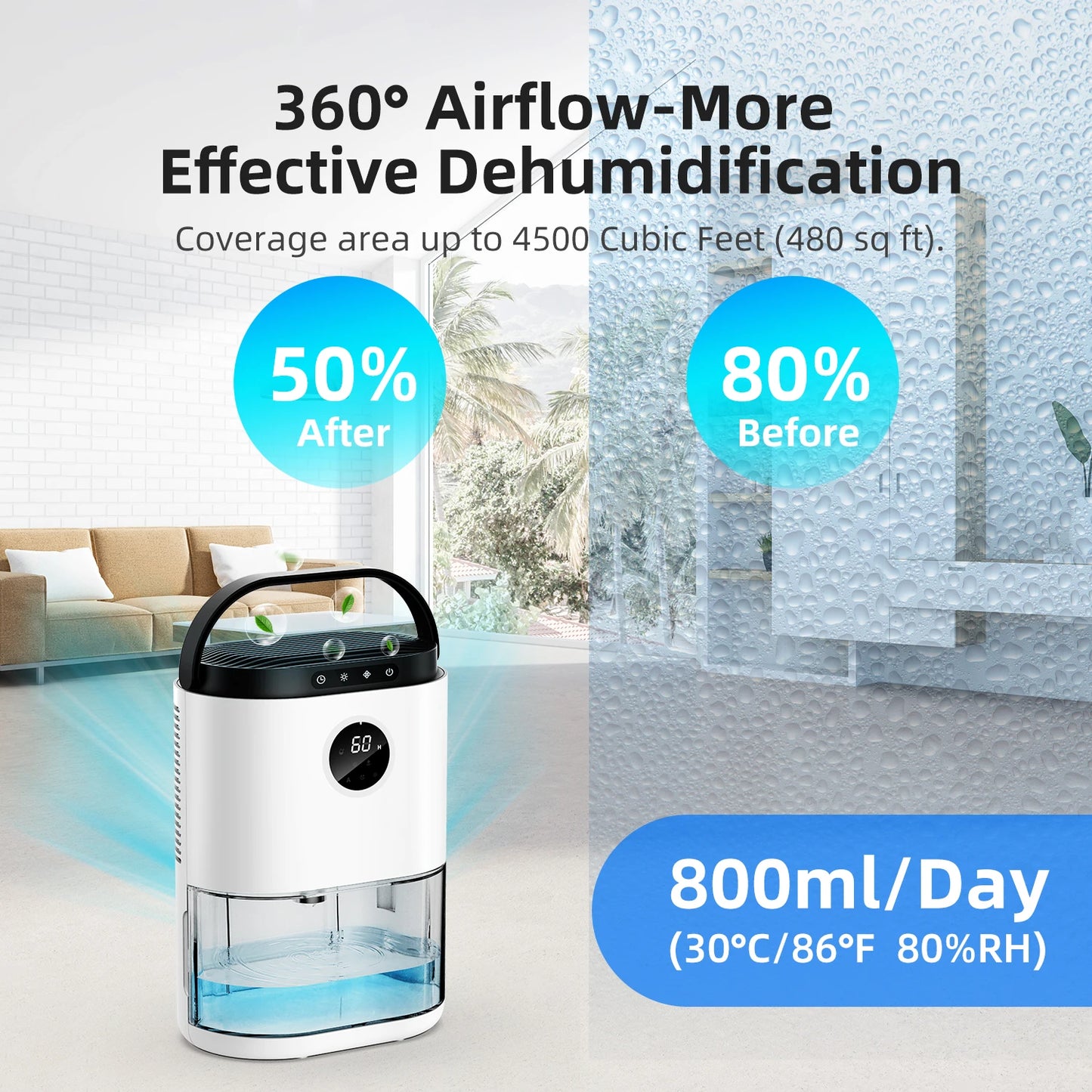 2300ML Dehumidifiers Auto Defrost for Bedroom Misture Absorb, , Ultra Quiet for Home Sleep Timing Large Room Bathroom Garage RV.