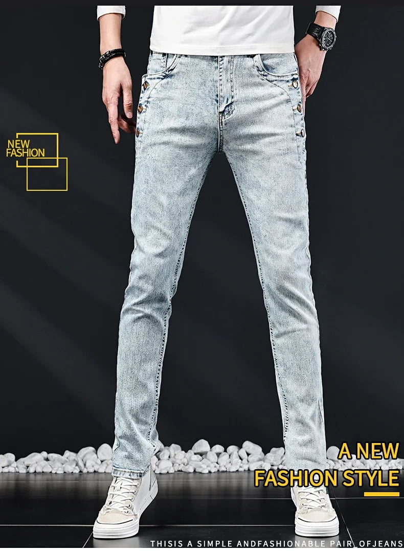 Slim Skinny Jeans Men New Elastic Korean Design Fashion Multi-Button Blue White Vintage Wash Cotton Stretch Denim Pants Trousers.