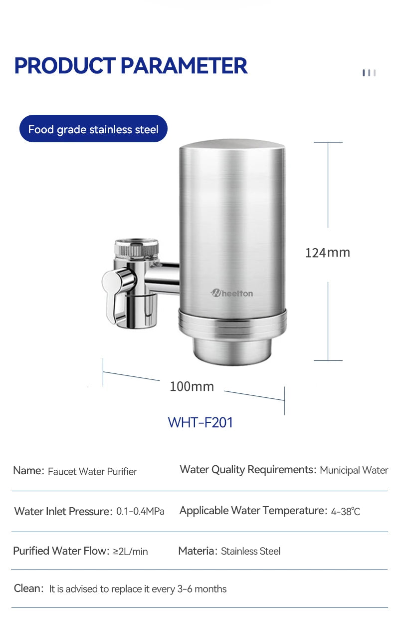 Wheelton Stainless Steel Kitchen Tap Filter Household Ceramic Water Purifier Faucet Water Filter  Activated Carbon Filtration