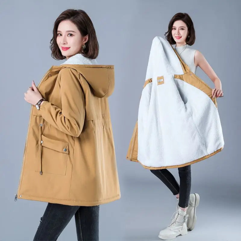 Fleece-gefütterte Kapuze, Daunenjacke, Wintermantel für Damen, warme, mit Kordelzug gepolsterte Parkas, mittellanger Mantel, Streetwear, gepolsterte Kleidung.