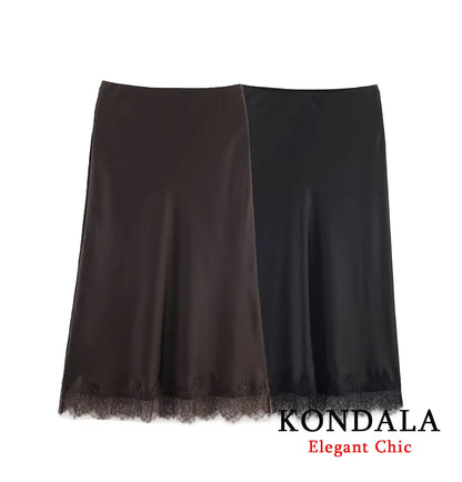 KONDALA Women Elegant Luxury Satin Lace Brown Black Skirt Long Straight Skirt 2025 New Spring Autumn Fashion Party Mujer Skirt.