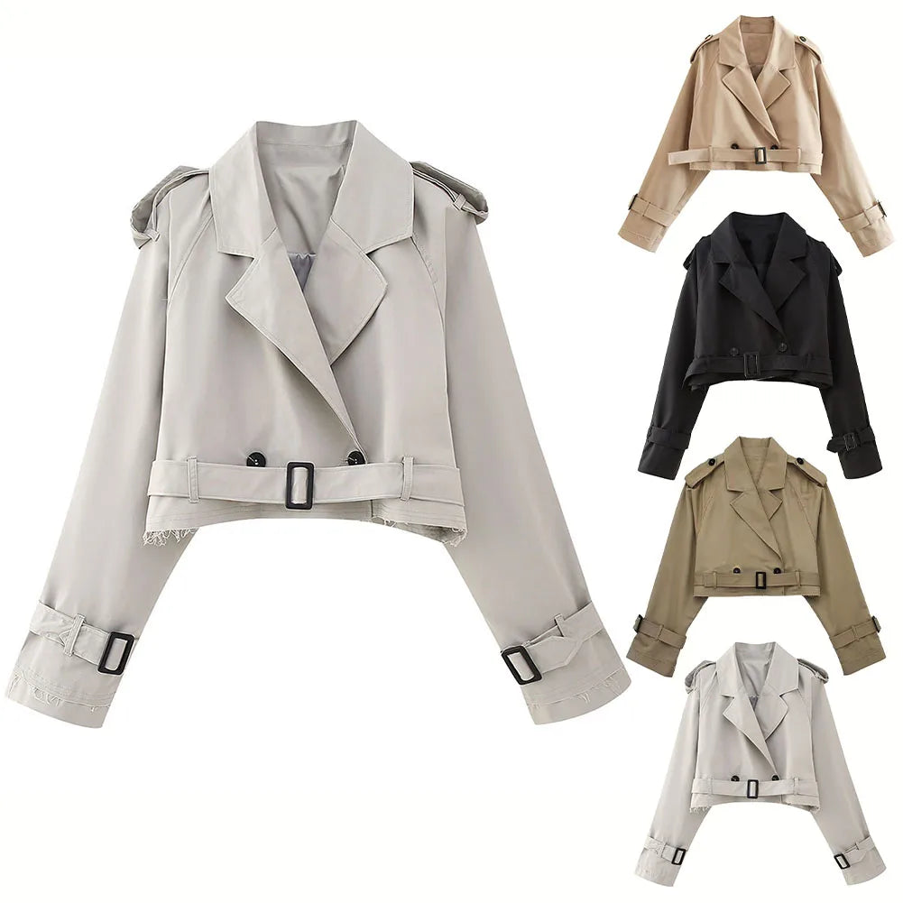 Frauen kurze Blazer Jacken Herbst elegante Vintage einfarbige Langarm Zweireiher Trenchcoat mit Gürtel.