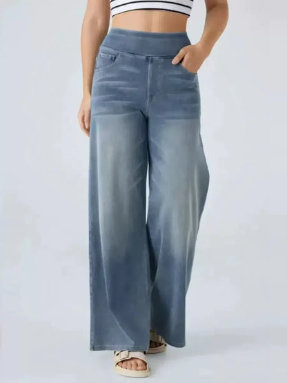 Washed Straight Leg Jeans Women's High Waist Denim Pants Comfortable Fit Long Trousers Cross-Border European Style.