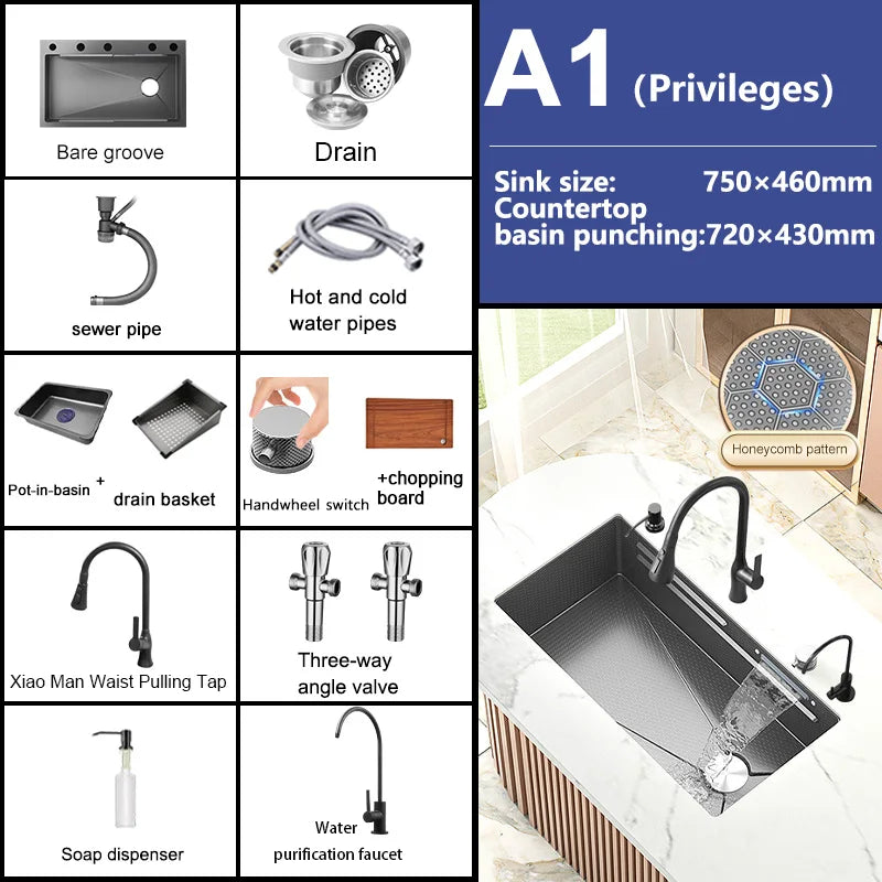 Waterfall Sink Large Single Slot Stainless Steel Kitchen Sink Embossed Washbasin Under The Basin Installation For Kitchen