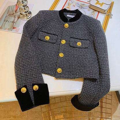 Mode Nähen Tweed Kurze Jacke Frauen Herbst Winter Elegante Büro Dame Mantel Y2K Koreanische O Neck Einreiher Crop Outwear